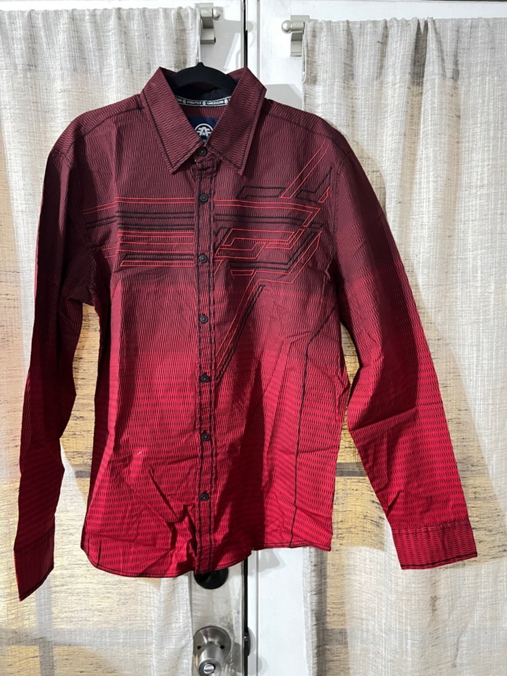 American Fighter Red and Black Men’s Button-Up with Subtle Stripe Pattern